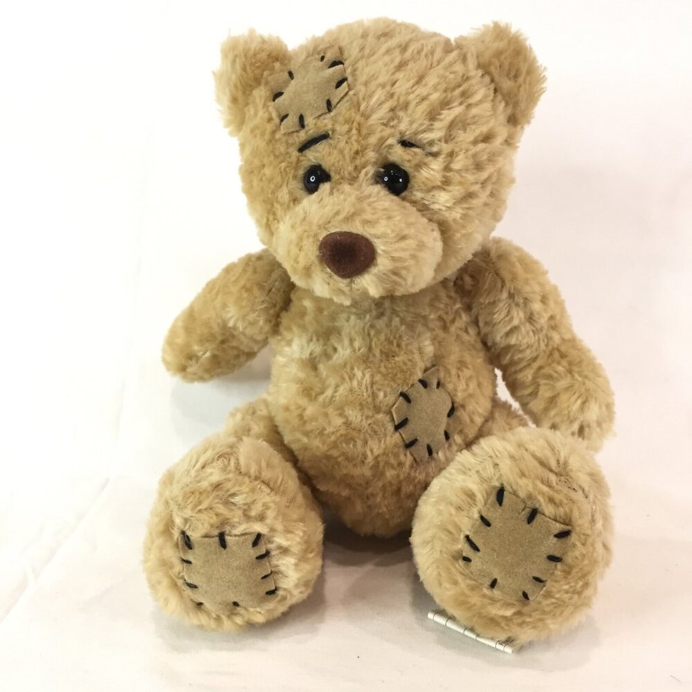 Seated Teddy Brown Eyed Bear With Patches Plush Stuffed Animal 6" Beige